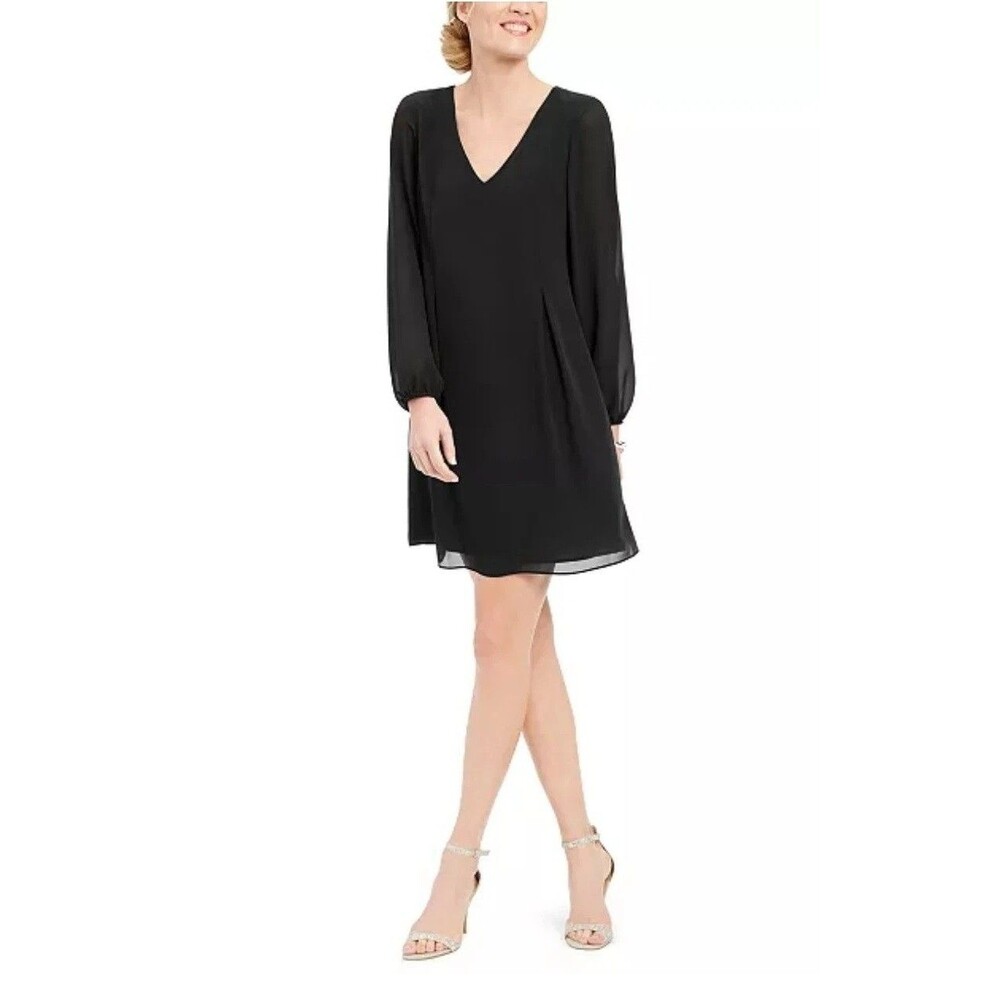 INC Womens S Black V Neck Long Sleeve Bow Back Shift Mini Dress NWT Z25